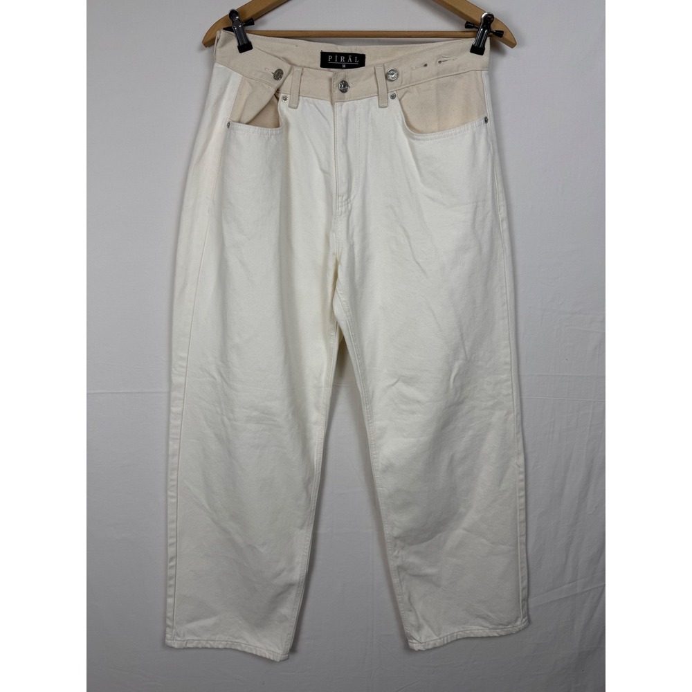 Piral Womens‎ Cotton Unique Jean M Cream Two Tone High Rise Straight Leg Pants